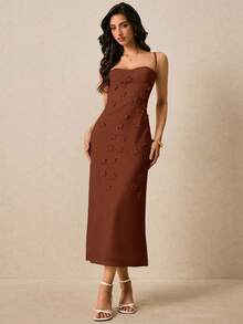 Poéselle 女士优雅通勤纯色3D立体花卉装饰吊带连衣裙 - 棕色 - 查看 3