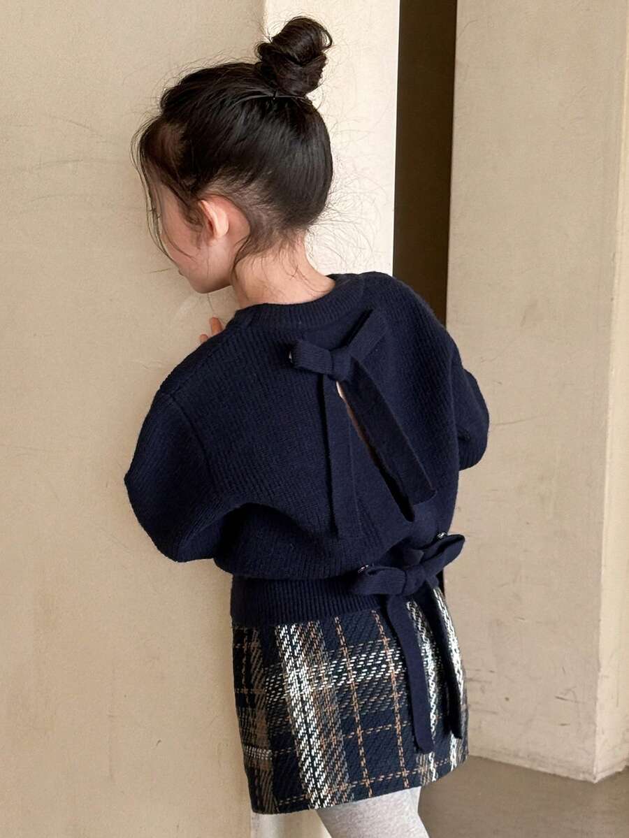 DAZY 女童圆领蝴蝶结装饰毛衣，秋季服装 - 藏蓝色 - 查看 1