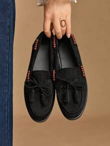 Rosivie Women's Lace-Up Beaded Flat Casual Shoes For Christmas - Black - View 1
