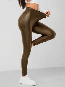 SHEIN PETITE Quần legging co giãn cao bằng da PU dành cho nữ - Cà phê nâu - Xem 2