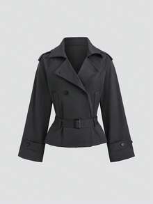 TRNVIE Fitted Short Jacket For Women With Revers Collar, Belt, Slant Pockets, Cropped Design, Suitable For Winter, New Year, Outdoor Use - Grey - View 1