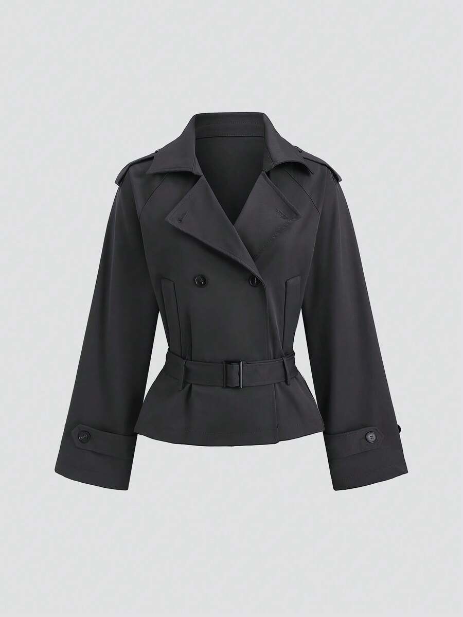 TRNVIE Fitted Short Jacket For Women With Revers Collar, Belt, Slant Pockets, Cropped Design, Suitable For Winter, New Year, Outdoor Use - Grey - View 1