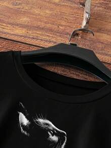 女款可爱猫咪图案印花休闲圆领短袖 T 恤 - 黑色 - 查看 4