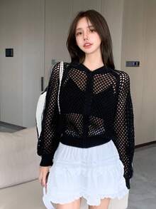 DAZY Women's V-Neck Open Front Hollow Striped Loose Cardigan - Black - View 6