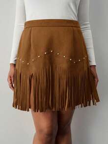 SHEIN Tall CURVE Falda A-Line de ante negro con remaches y flecos estilo hippie vintage para mujer de talla grande, falda de otoño e invierno, atuendos de Nashville, falda de pirata - Marrón - Ver 6