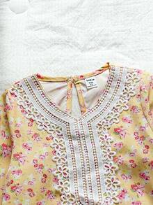 SHEIN 女童黄色碎花长袖连衣裙，时尚荷叶边设计，适合幼儿的休闲装，春秋季 - 黃色 - 查看 10
