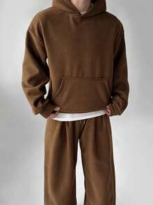 DAZY Men's Solid Brown Thick Hoodie Set, Autumn/Winter - Brown - View 1