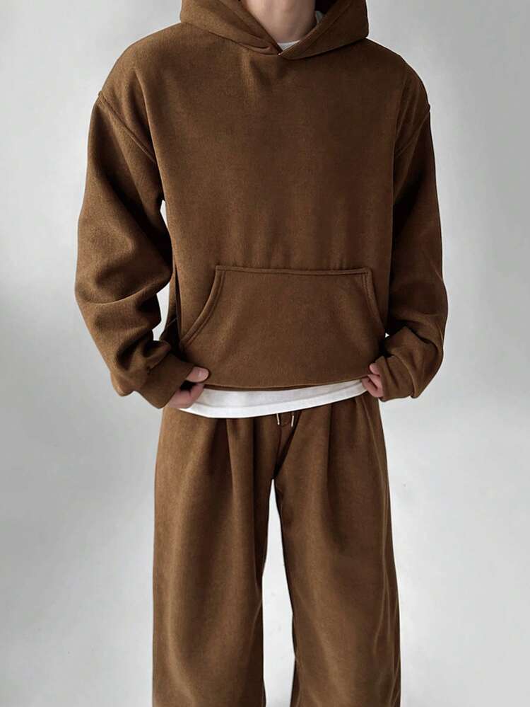 Men's Solid Brown Thick Hoodie Set, Autumn/Winter