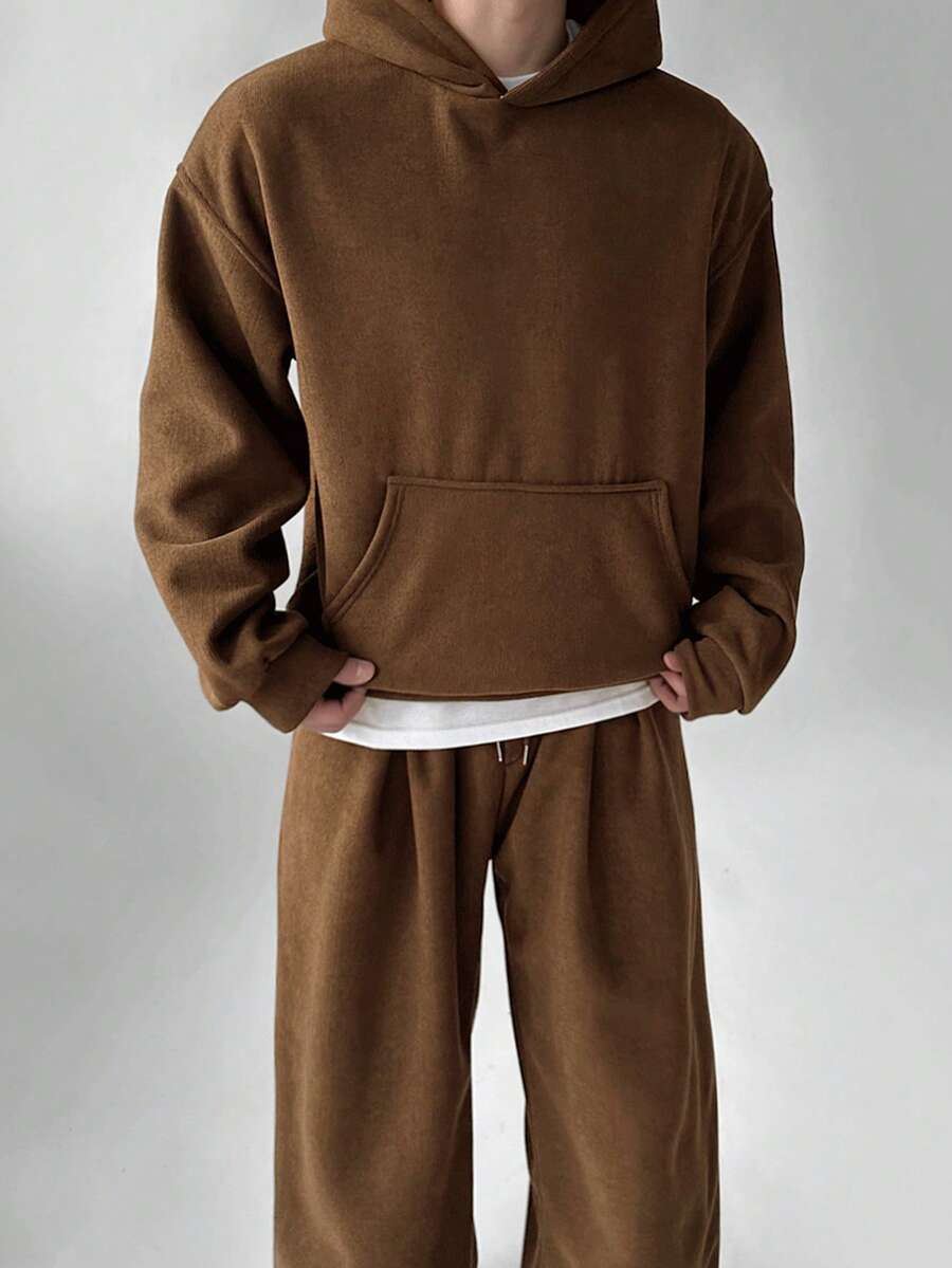 DAZY Men's Solid Brown Thick Hoodie Set, Autumn/Winter - Brown - View 1