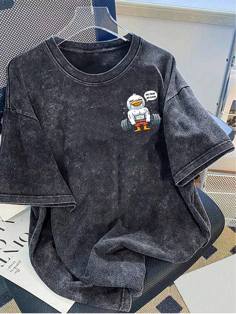 Manfinity Joysei Men's Cartoon Print Round Neck Short Sleeve Casual Washed Cotton T-Shirt - Black - View 1