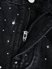 Breezaya شورتات جينز مستقيمة الساق مزينة بالراين ستون مغسولة للنساء - الأسود - مشاهدة 5