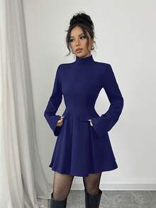 Elenzga Abito mini elegante da donna con colletto alla coreana, maniche a campana e colore tinta unita, adatto per l'ufficio - Blu Navy - Visualizzare 4