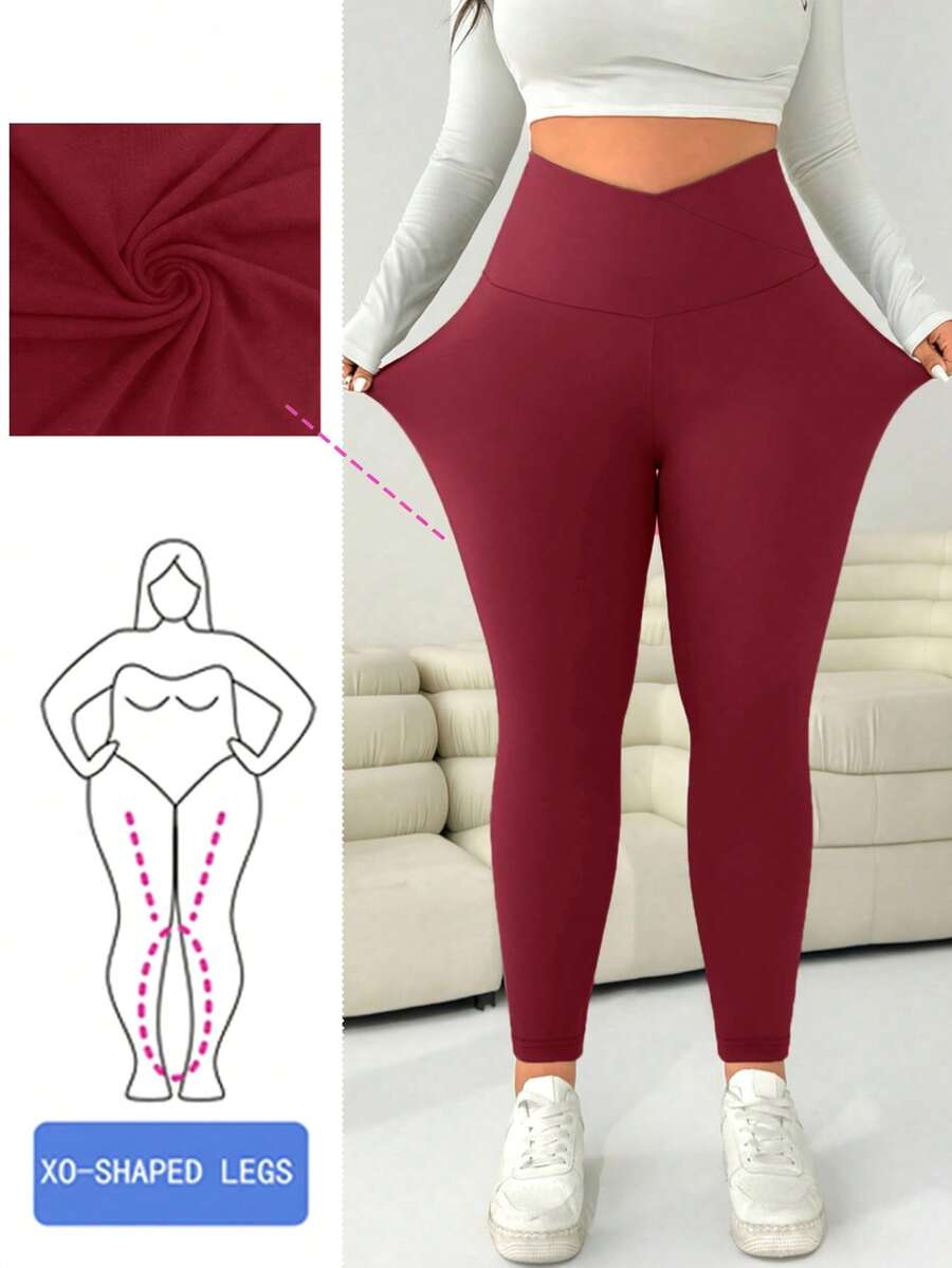 SHEIN EZwear Burgundy Plus Size Women's Leggings Maroon Leggings Plus Size Yoga Pants Plus Size Leggings - Burgundy - View 1