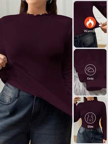 SHEIN EZwear Maglietta a manica lunga aderente con collo alto, termica e imbottita, adatta per l'autunno/inverno, disponibile in taglie comode - Viola rosso - Visualizzare 7