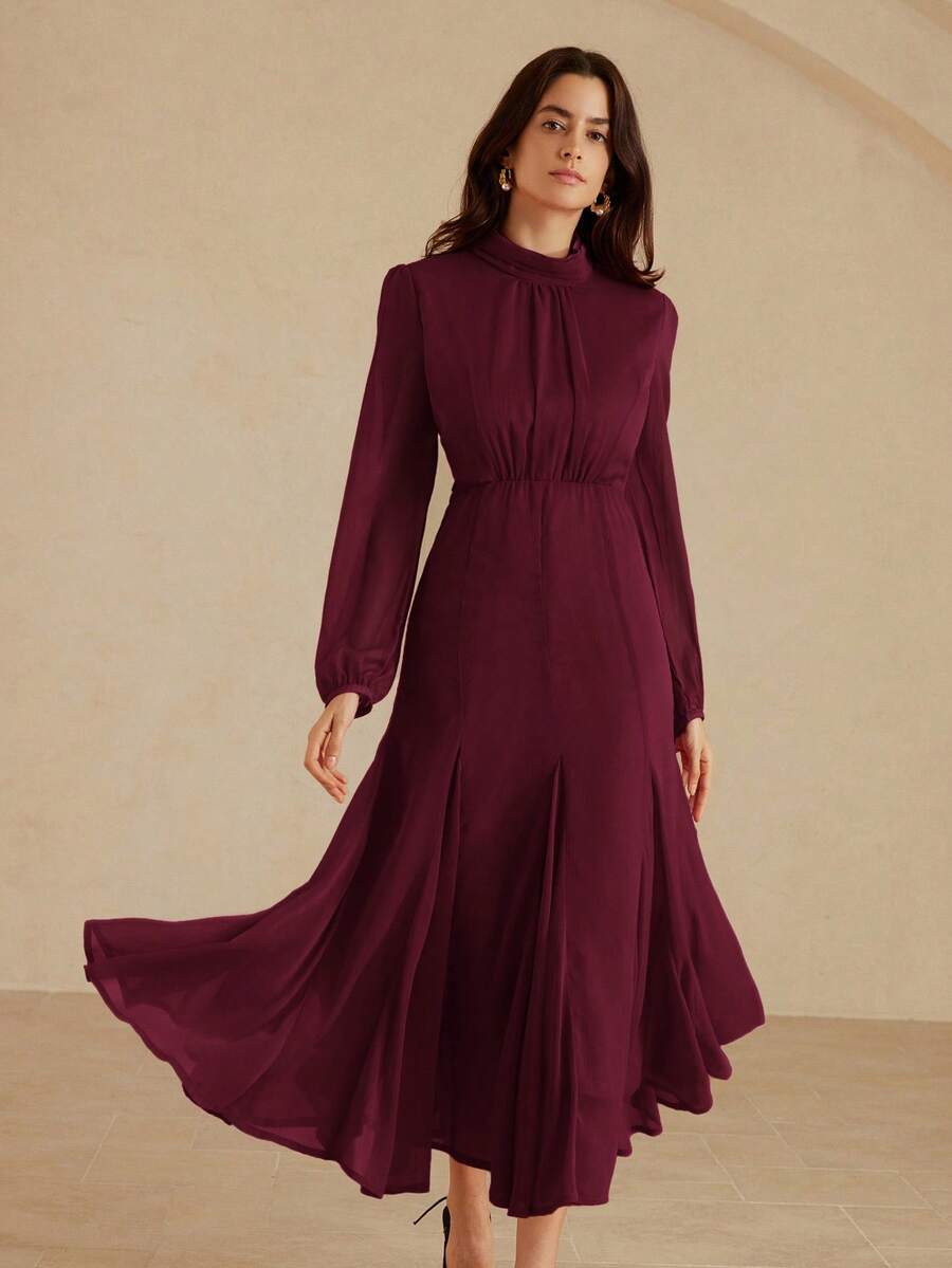 Aveloria EMERY ROSE Váy Maxi Chiffon Lụa Giả Sang Trọng, Thanh Lịch, Đơn Giản, Phong Cách Cung Điện Retro, Màu Trơn Cổ Điển, Cao Cấp, Thanh Lịch, Chân Váy Xòe Dáng Chữ A Ôm Sát, Cổ Cạp Sau Khóa Kéo Vô Hình, Thiết Kế Tay Phồng Cổ Lọ, Lớp Lót Thoải Mái, Thích Hợp Mặc Hàng Ngày, Hẹn Hò, Tiệc Tùng, Kỳ Nghỉ - Màu Đỏ Sâu - Xem 1