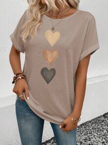 EMERY ROSE 女士休闲日常通勤百搭爱心印花蝙蝠袖宽松T恤，夏季 - 卡其色 - 查看 3