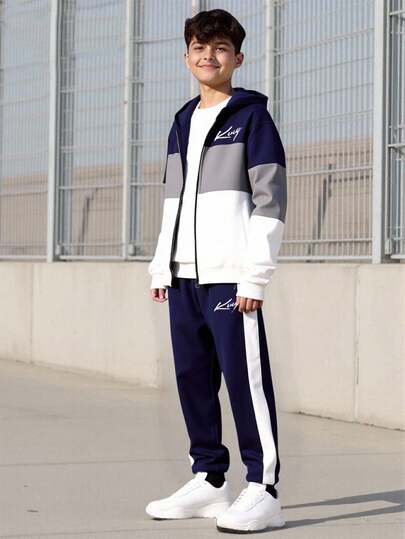 Vacaura Teenager's Casual Zip-Up Hoodie Jacket With Digital Print Letter Pattern And Contrast Color Drawstring Sweatpants Sports Set, Fashionable For Spring, Autumn And Winter Track Suit For Teen Boys