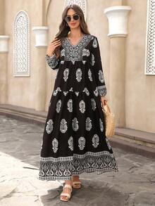 EMERY ROSE 女士印花V领灯笼袖休闲连衣裙波西米亚风夏季连衣裙女装波西米亚风女装度假连衣裙长袖长款连衣裙女装波西米亚风长款连衣裙 - 彩色 - 查看 3