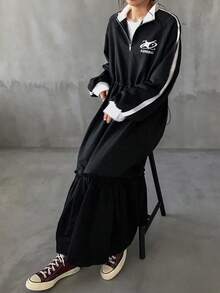 FRIFUL Women's Striped & Letter Print Zip-Up Long Sleeve Dress - Black - View 2