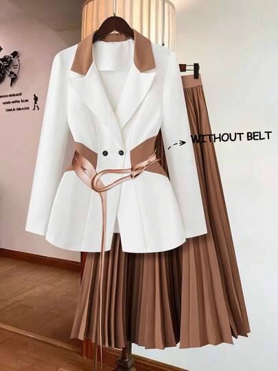 GlowEve طقم بدلة أنيقة للسيدات مكون من بليزر أكمام طويلة صف طوقي للياقة والبنطلون في لون متباين، مناسب للارتداء في المناسبات والخروجات