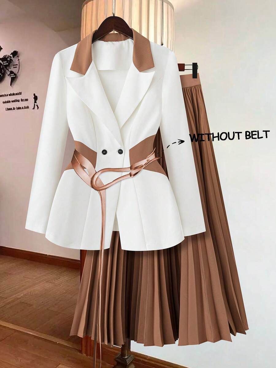 GlowEve Bộ vest đi làm thanh lịch tay dài cổ ve màu tương phản mùa thu cho nữ và quần - Nhiều màu - Xem 1