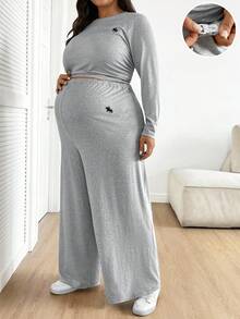 SHEIN Casual Comfortable Long Sleeve Top And Loose Pants Plus Size Maternity Two Pieces Set Pregnant Clothes Two Piece Set Plus Plus 2 Piece Outfit Curve 2 Piece Outfits Maternity 2 Piece Set - Grey - View 9