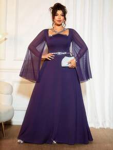 Cravure 大码女式奢华紫色网纱长袖闪亮银色缎带交叉修身连衣裙 - 紫色 - 查看 2