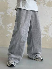 SHEIN 1 chiếc quần dài thể thao dáng suông màu xám cho bé trai, thích hợp mặc đi học, dự tiệc sinh nhật, tiệc tối, biểu diễn, đám cưới, lễ rửa tội, lễ khai trương, mặc hàng ngày, thích hợp đi học, đi du lịch, chơi thể thao, thích hợp cho mùa xuân và mùa hè, quần nỉ ống rộng màu xám, quần mặc nhà dáng rộng. - Xám - Xem 4