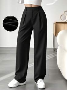 Pantalones casuales sueltos de pierna recta con plisados de cintura alta negros para mujeres, pantalones anchos de color liso, pantalones de mujer, textura, simple, casual, de moda y versátil - Negro - Ver 1
