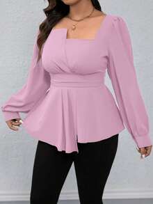 DreamSkyne Plus Size Square Collar Solid Color Ruffled Hem Casual Long Sleeve Shirt, For Christmas Peplum Top - Baby Pink - View 9