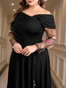 SHEIN Clasi Plus Size Women Floral Embroidery Mesh Patchwork Off Shoulder Elegant Black Autumn Formal Evening Wedding Dress,Glitter Sequin High-Slit Long Gown - Black - View 3