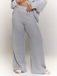 MUSERA Plus Size Knitted Fitted Wide Leg Trousers Everyday Casual Cozy Cute Evening Party Elegant Spring - Light Grey - View 3
