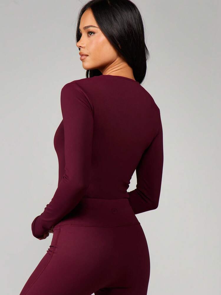 MISSGUIDED Burgundy Double Layer Long Sleeve Zip Front Fitted Bodysuit With High Neck Design For Fall Winter Layering