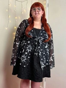 Enliva 大码女式返校/度假季 V 领长袖娃娃装上衣，带有太阳月亮星星印花，秋季 - 黑與白 - 查看 6