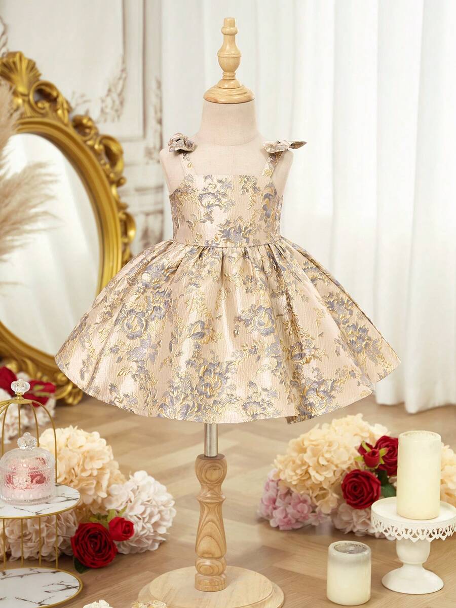 This Elegant Floral Sleeveless Textured Dress For Baby Girls Features A Gold Bow And Is Both Luxurious And Adorable. The Dress Boasts A Sophisticated And Ladylike Three-Dimensional Texture, And Is Made Of Brocade Fabric, Exuding Refinement And Elegance. - Multicolor - View 1
