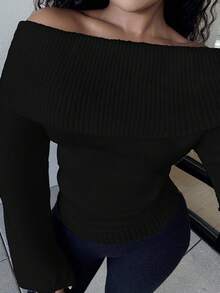 Alexandranx Crew Neck Solid Color Pullover Sweater - Black - View 5
