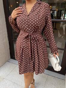 Dripcurv Plus Size Brown Polka Dot French Midi Dress For Autumn,Classique Date Night,New Year Look,Teacher Outfits,Business Work Uniforms - Multicolor - View 6