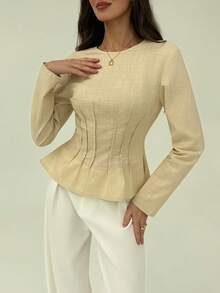 Aloruh Khaki Round Neck Raglan Sleeve Gathered Waist Fashionable Elegant Pleated Shirt - Khaki - View 6