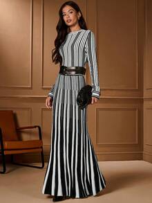 Lilora Váy dệt kim dài tay kẻ sọc thanh lịch dành cho nữ, Thu/Đông - Nhiều màu - Xem 8