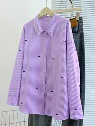 Regalyn Plus Size Women's Bow Tie Striped Drop Shoulder Long Sleeve Single-Breasted Casual Shirt