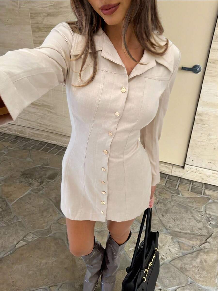 Siren Gaze New Autumn/Winter Apricot Mini Shirt Dress For Women, Fitted Waist And A-Line Silhouette, Stylish And Fashionable For Work, Elegant Dress, Nude Dress, Autumn/Winter Women's Clothing. Beige Dresses Women Button Up Dress Casual - Apricot - View 1