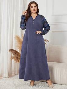 Lacomfia Váy kẻ caro thường ngày thanh lịch cỡ lớn - Màu tím - Xem 4