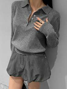 DAZY 舒适高档翻领秋冬优雅短款高领毛衣（女款） - 灰色 - 查看 6