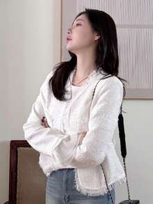 DAZY 法式优雅修身开衫，女士长袖短款常规夹克外套 - 白色 - 查看 6