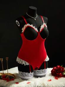 SpicyHot 2 Peças Bodysuits Sexy e Atraentes Plus Size com Recorte Vazado, Borda Pregueada e Contraste de Cores, Ideal para o Natal - Vermelho - Visão 5