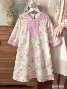 SHEIN Girls Yellow Ditsy Floral Long Sleeve Dress, Fashionable Ruffle Design Casual Wear For Outings, Spring/Autumn 7th Birthday - Pink - View 4