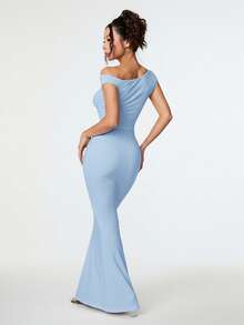 SHEIN PETITE 夏季服装、日常约会及旅行穿搭、派对穿搭、优雅女士内衣、外出穿搭、斜肩不对称超长鱼尾连衣裙、夜店女士穿搭、约会穿搭、宴会礼服 - 淺藍色 - 查看 2