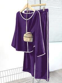 EMERY ROSE Plus Size Contrast Color Long Sleeve Top And Wide Leg Pants 2 Pieces Set - Purple - View 1