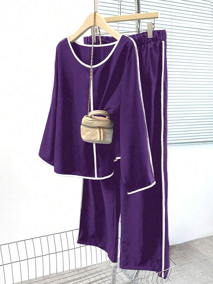 EMERY ROSE Plus Size Contrast Color Long Sleeve Top And Wide Leg Pants 2 Pieces Set - Purple - View 1