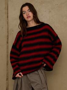 COUREZ Suéter oversize a rayas en estilo de rayas/ Ropa de otoño e invierno Y2K para mujer, suéter punk grunge, abrigos de invierno acogedores, blusas de manga larga para salir, nuevos diseños para Año Nuevo